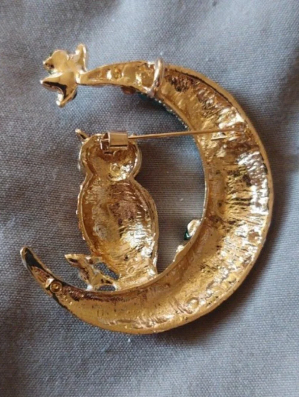 Multicolor Crystal Owl on Crescent Moon Brooch